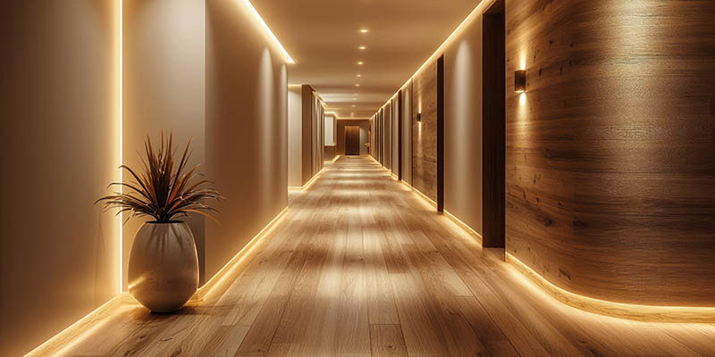 A modern hotel corridor with soft lighting and sleek wooden floo 2026 Hotel Flooring Trends